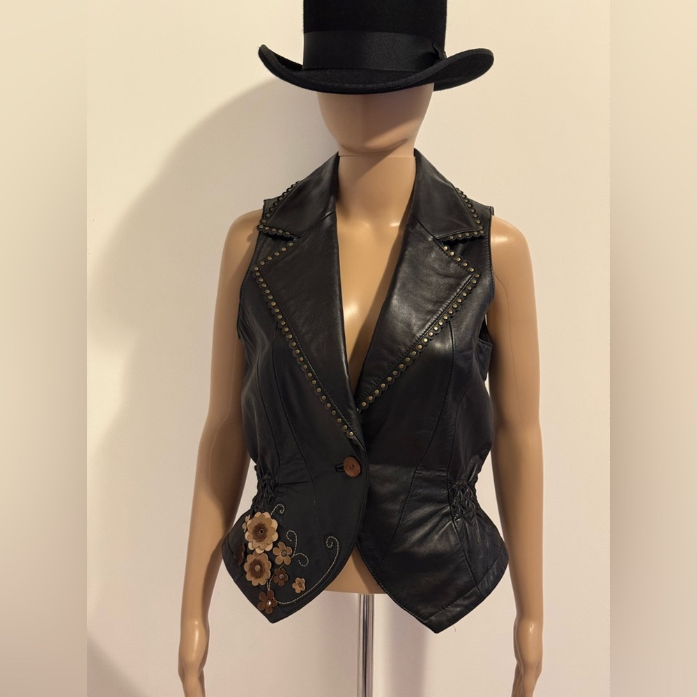 Wilson’s Leather Brand Leather Studded Vest with Floral Embroidery